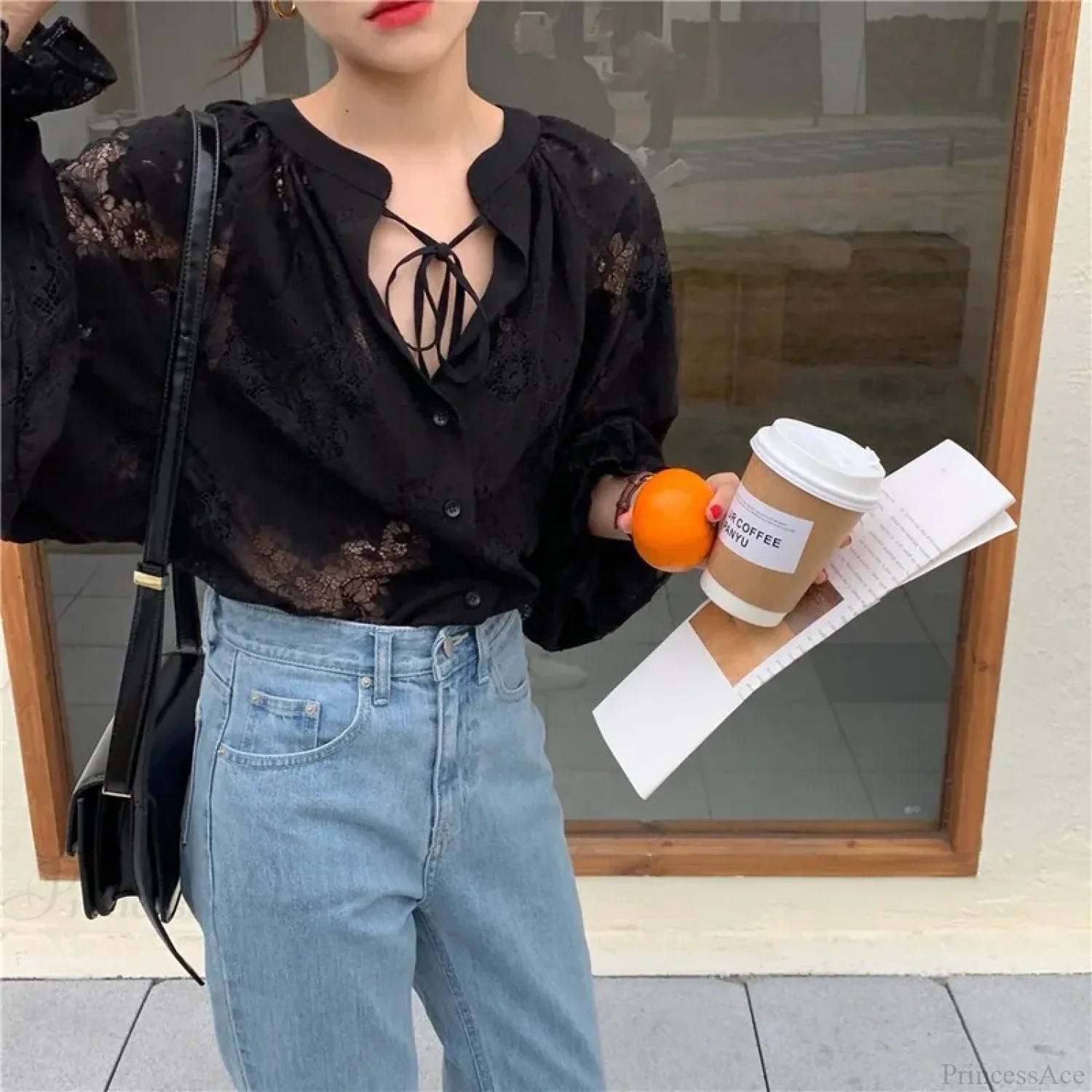 Carved Lantern Long Sleeve Lace Blouse Blusas - Image 4