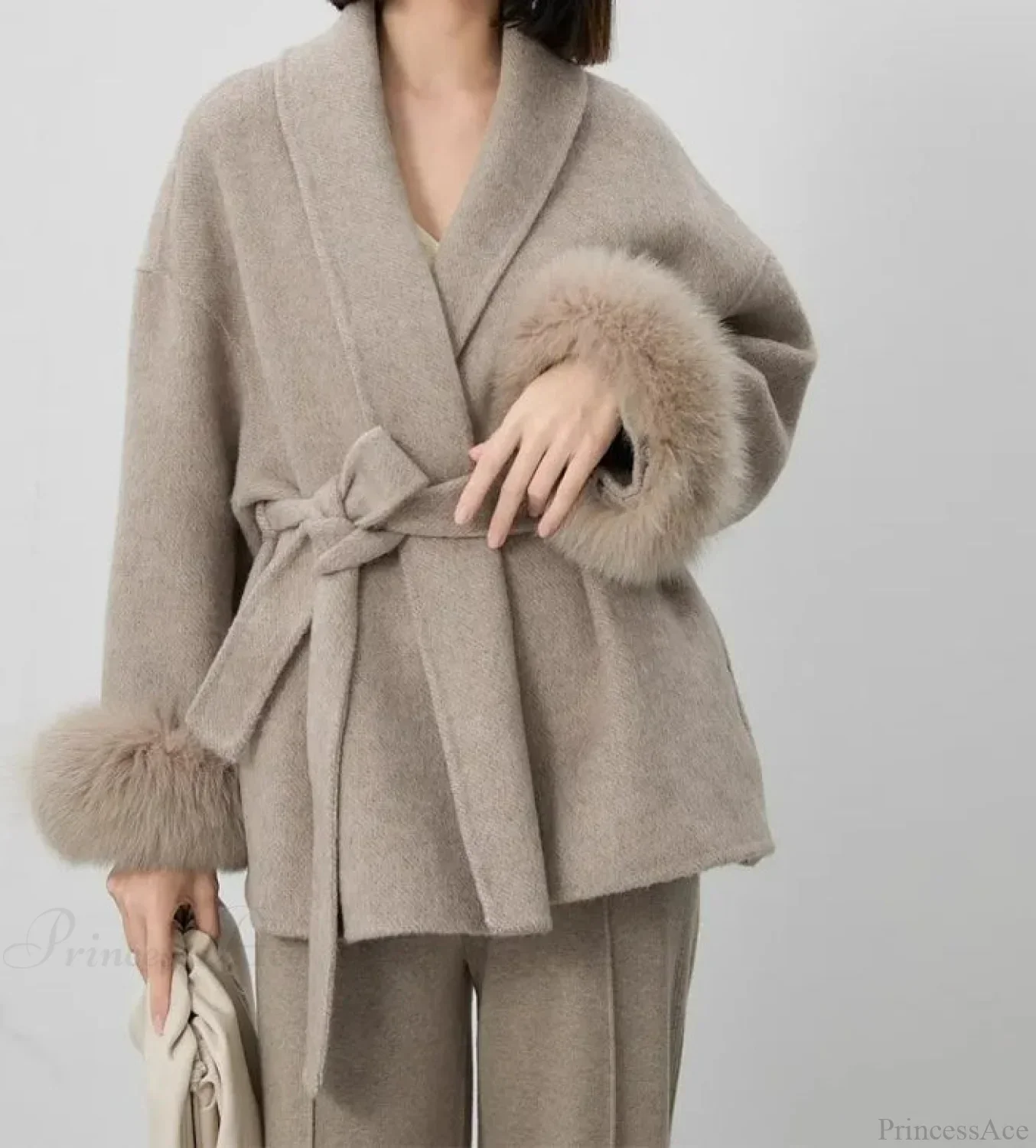 Cashmere Coat With Fur Cuffs Fox Fur Overcoat - Image 2