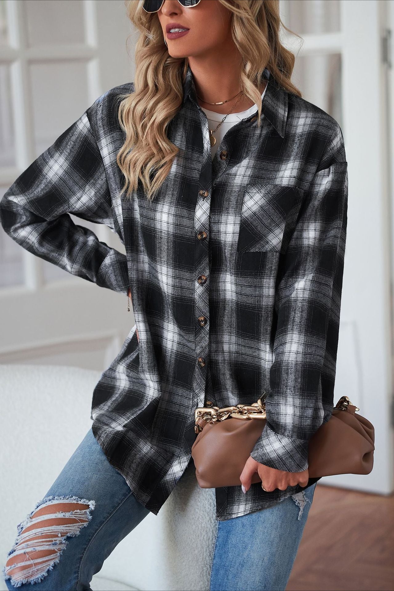 Casual Boyfriend Fit Plaid Collared Blouse - Image 2