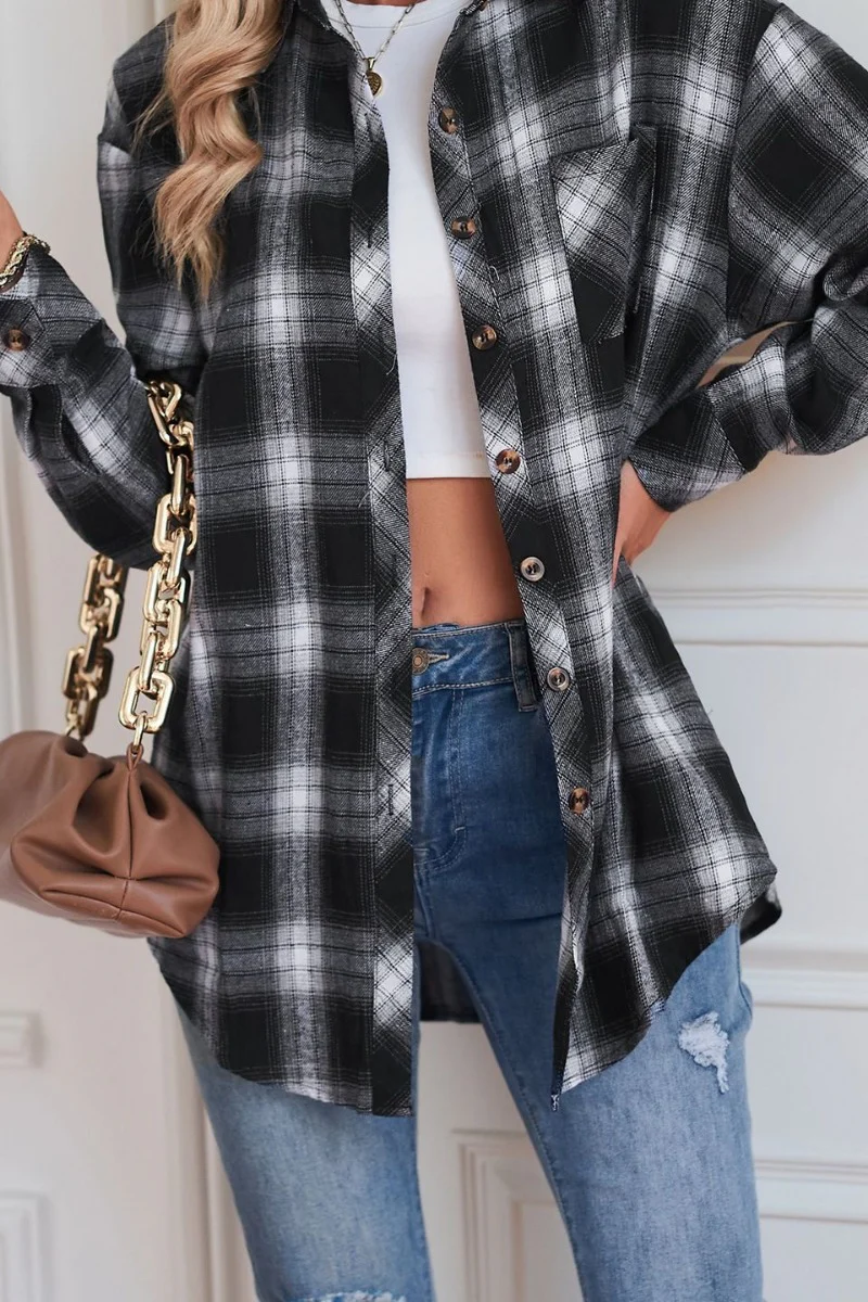 Casual Boyfriend Fit Plaid Collared Blouse - Image 4