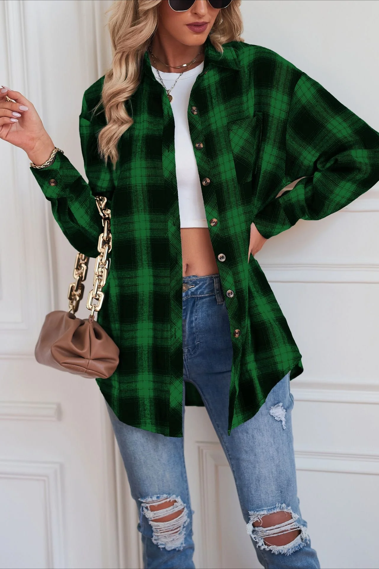 Casual Boyfriend Fit Plaid Collared Blouse - Image 6