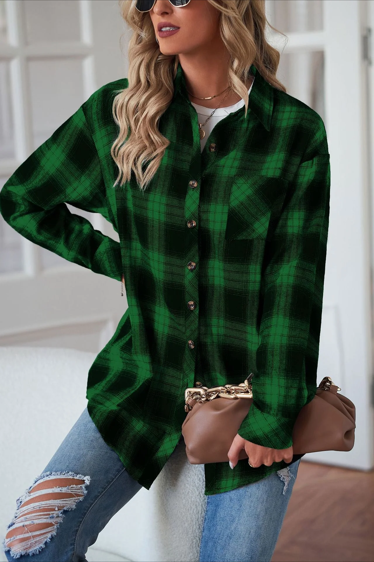 Casual Boyfriend Fit Plaid Collared Blouse - Image 7