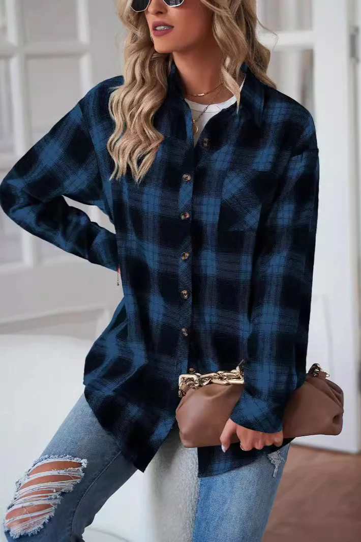 Casual Boyfriend Fit Plaid Collared Blouse - Image 8