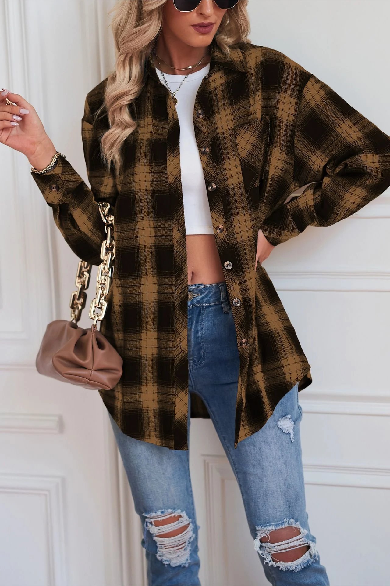 Casual Boyfriend Fit Plaid Collared Blouse - Image 9