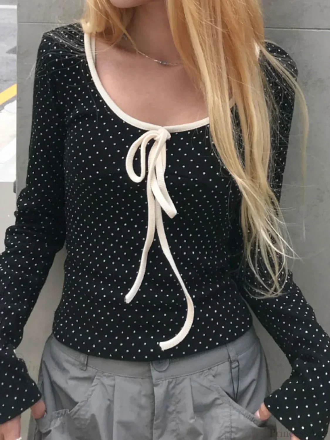 Casual Contrast Color Dot Printed Slim O-Neck Knit Top - Image 2