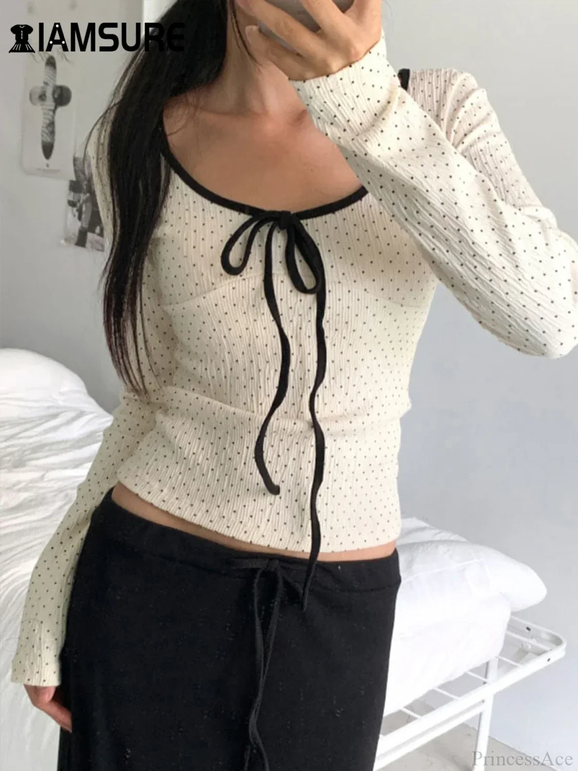 Casual Contrast Color Dot Printed Slim O-Neck Knit Top - Image 3