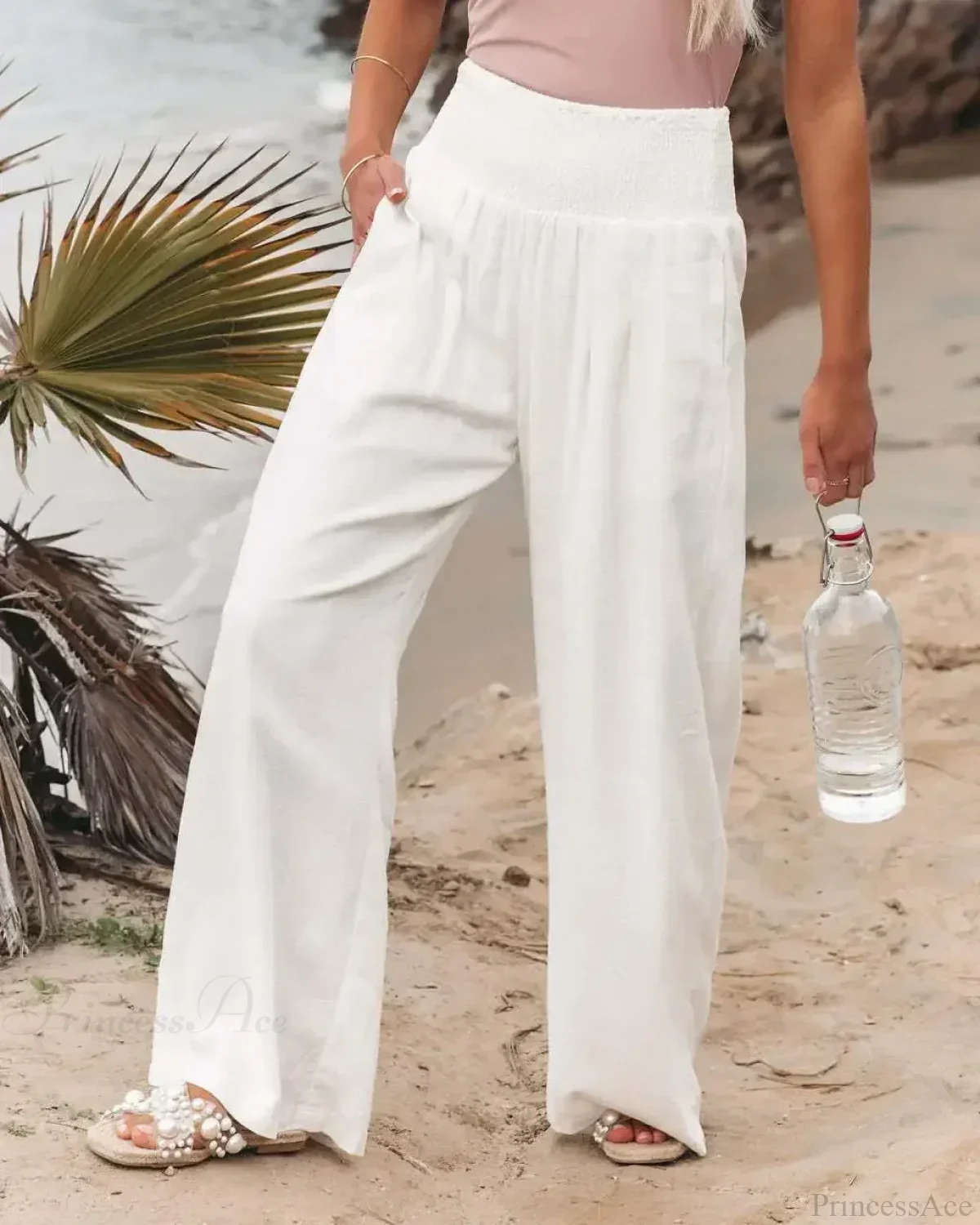 Casual Elastic Waist Linen Wide Pants - Image 16