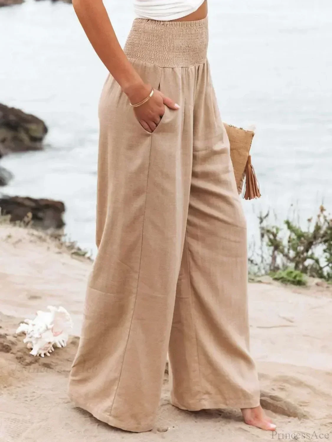 Casual Elastic Waist Linen Wide Pants - Image 2