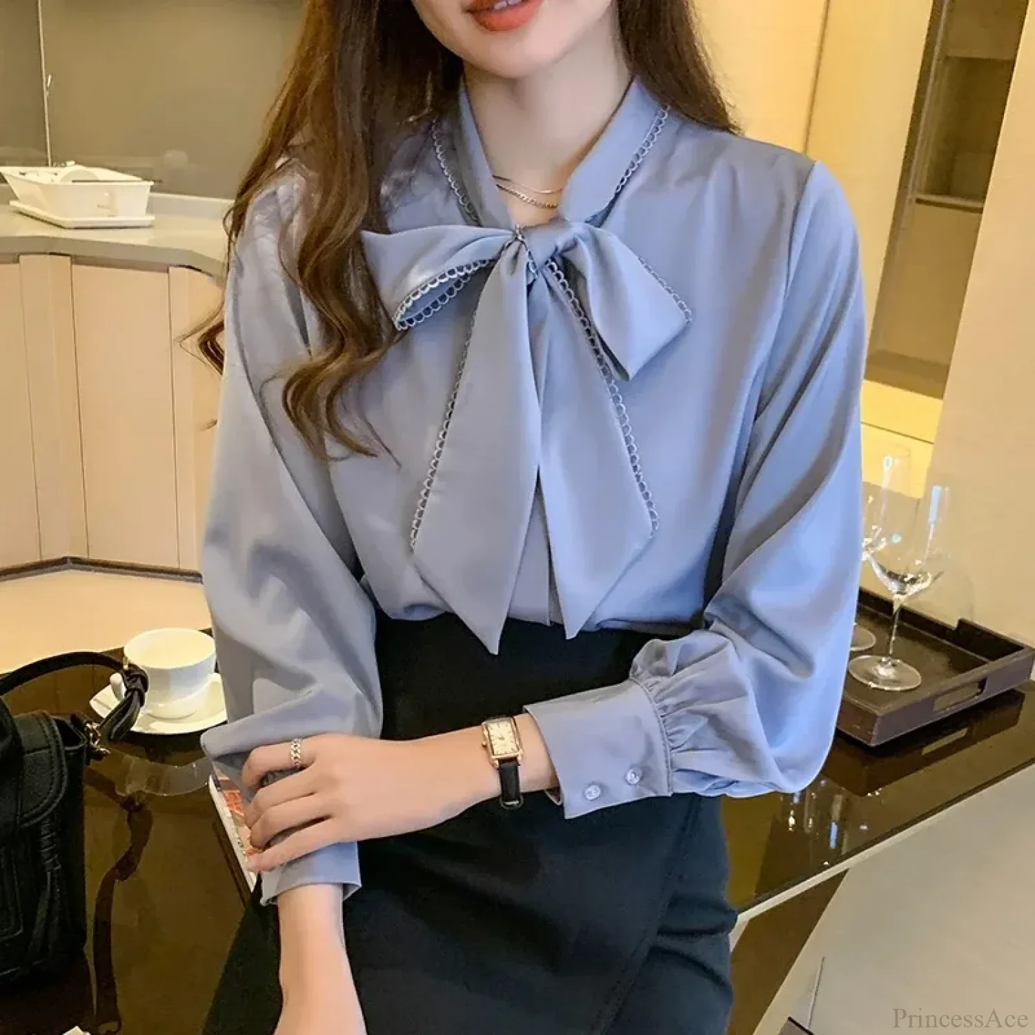 Casual Elegant Satin Chiffon Blue Blouse - Image 2