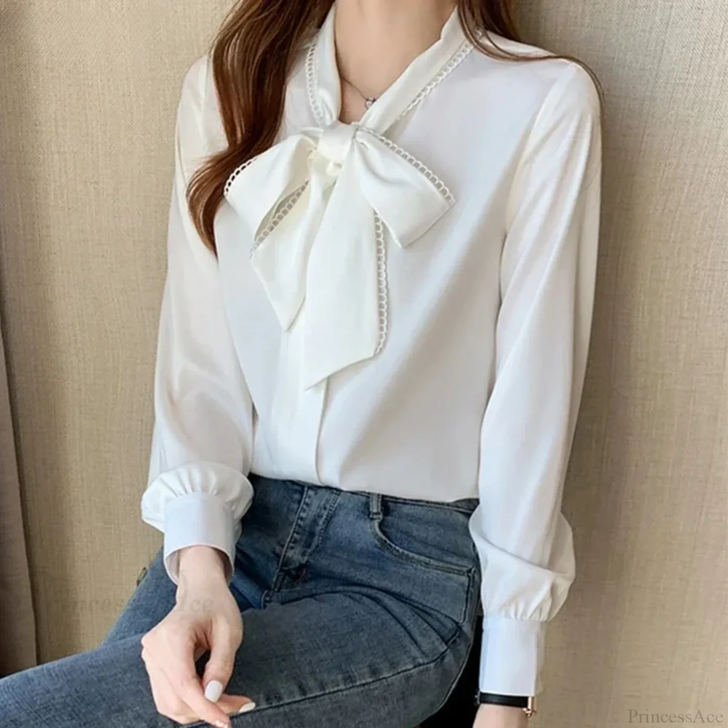 Casual Elegant Satin Chiffon Blue Blouse - Image 6
