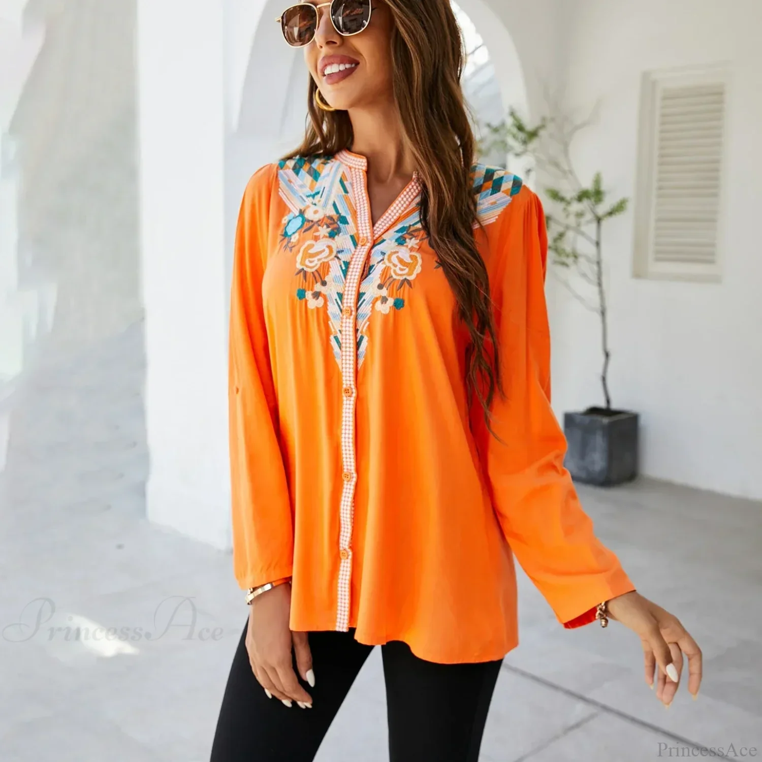 Casual Floral Embroidery Oversize Cotton Long Sleeve Boho Blouse - Image 2
