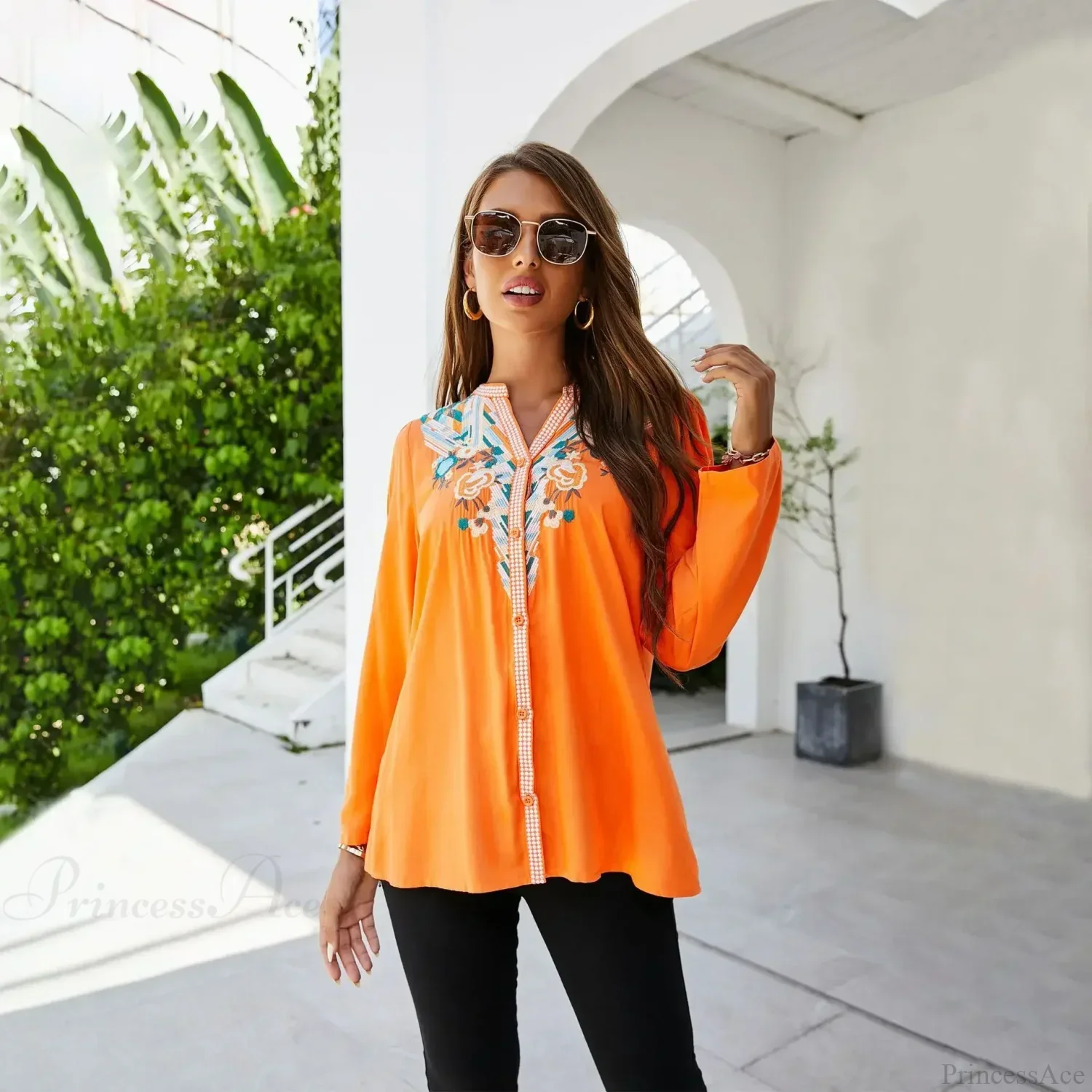 Casual Floral Embroidery Oversize Cotton Long Sleeve Boho Blouse - Image 4
