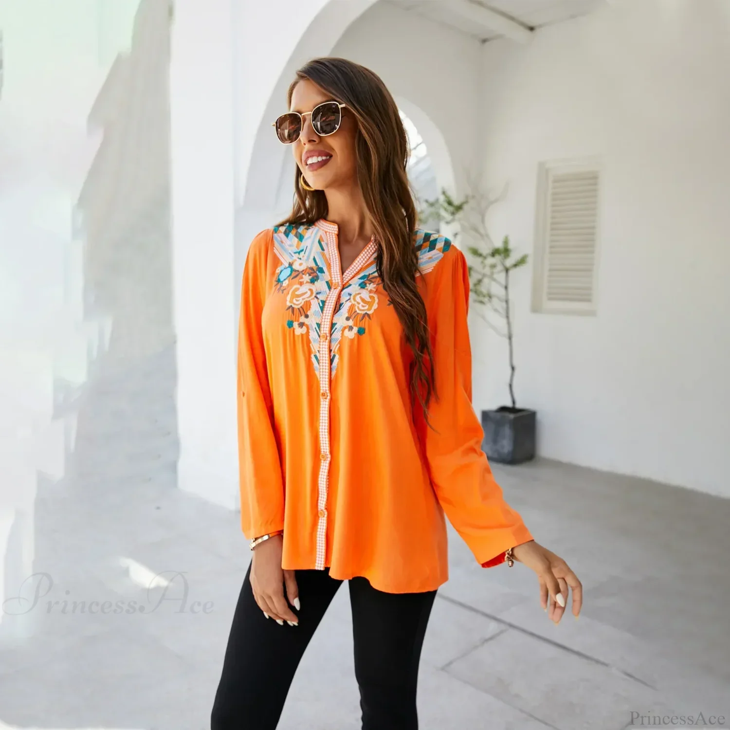 Casual Floral Embroidery Oversize Cotton Long Sleeve Boho Blouse - Image 7