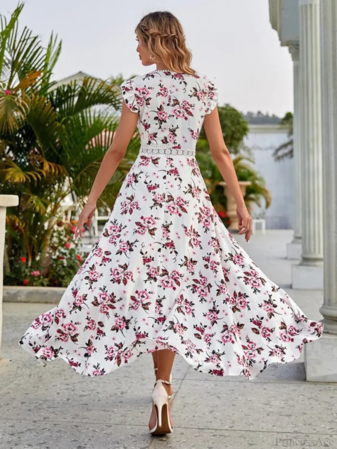 Casual Floral Lace Collar Irregular Waist Dress - Image 2