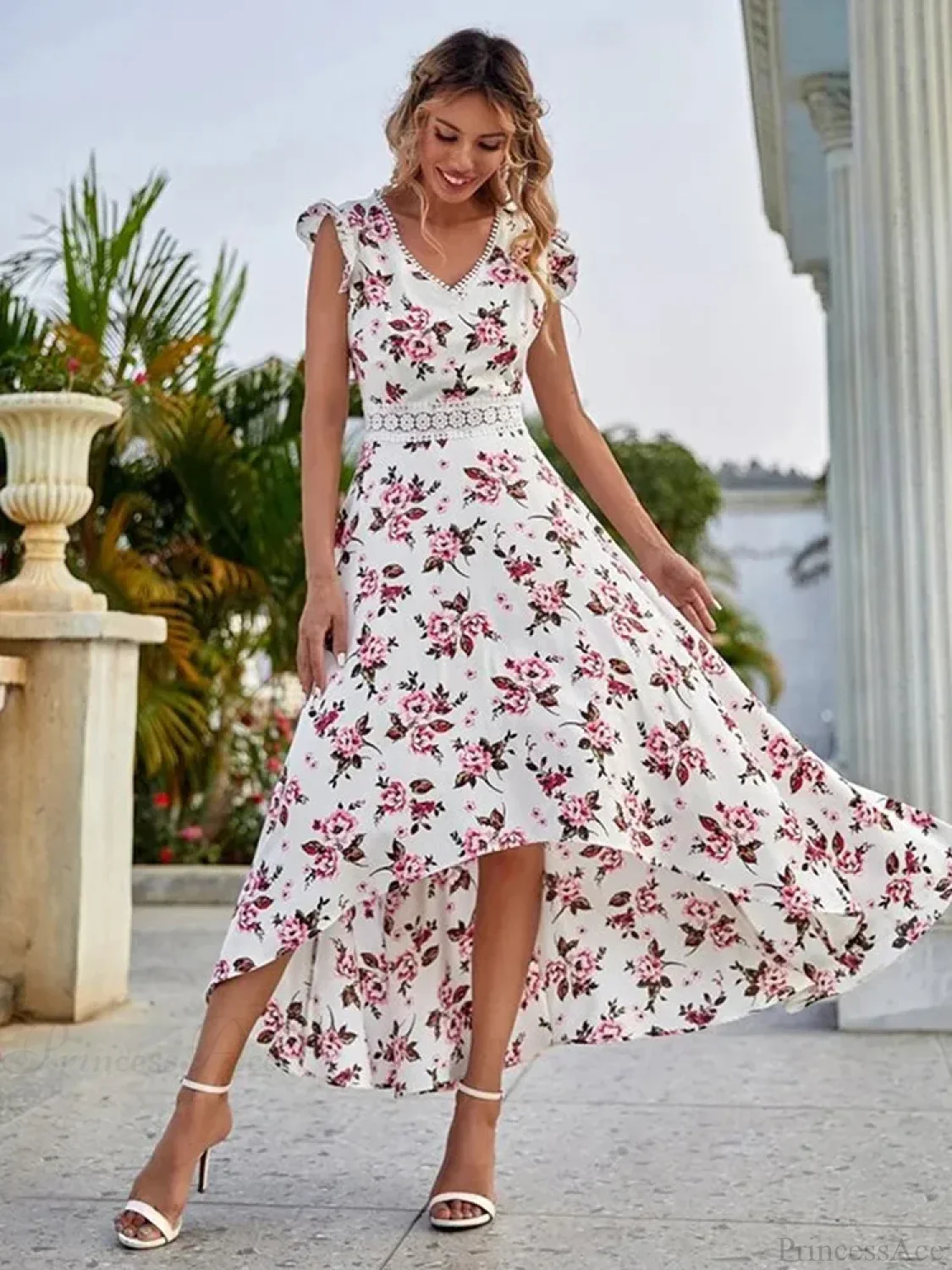 Casual Floral Lace Collar Irregular Waist Dress - Image 5