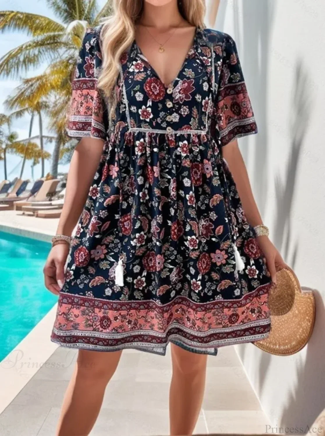 Casual Holiday Floral Print V-neck Short Sleeve Sundress - Image 11