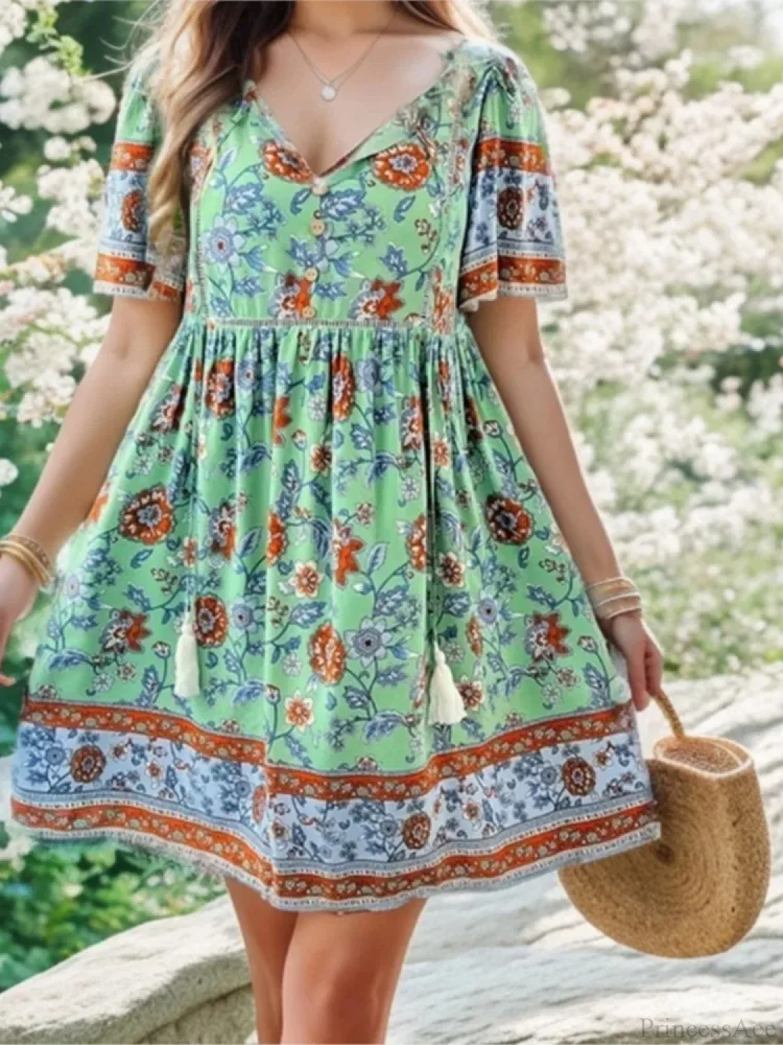 Casual Holiday Floral Print V-neck Short Sleeve Sundress - Image 3
