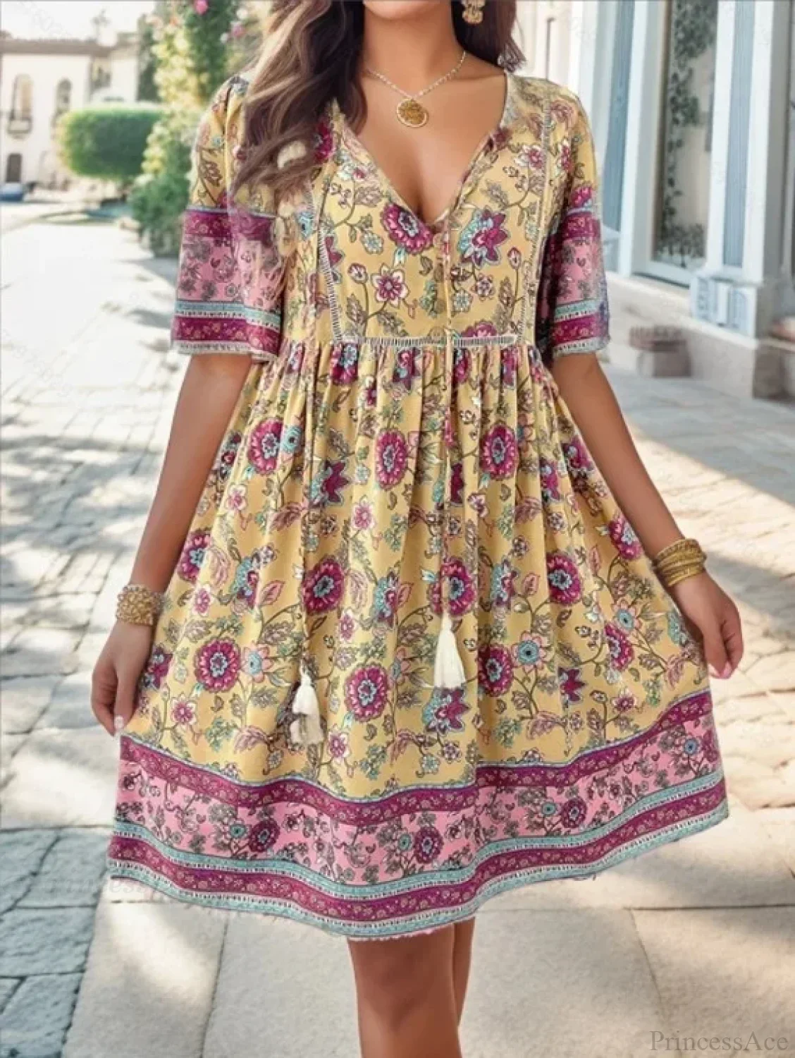 Casual Holiday Floral Print V-neck Short Sleeve Sundress - Image 7