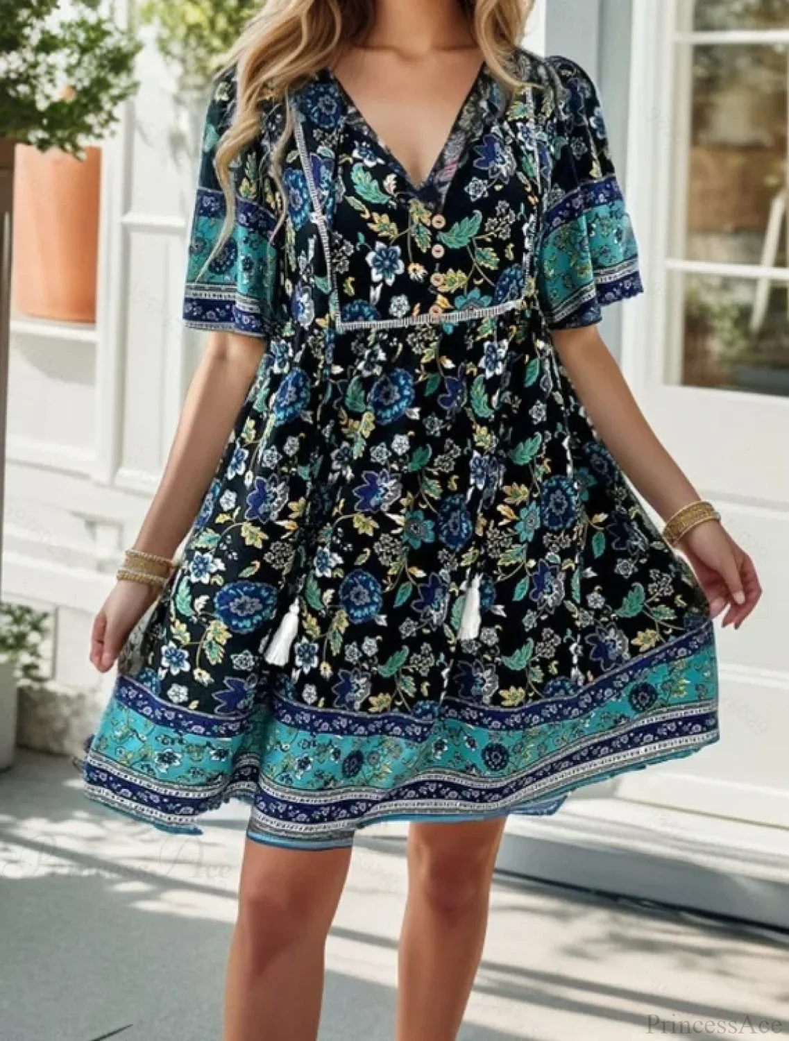 Casual Holiday Floral Print V-neck Short Sleeve Sundress - Image 8