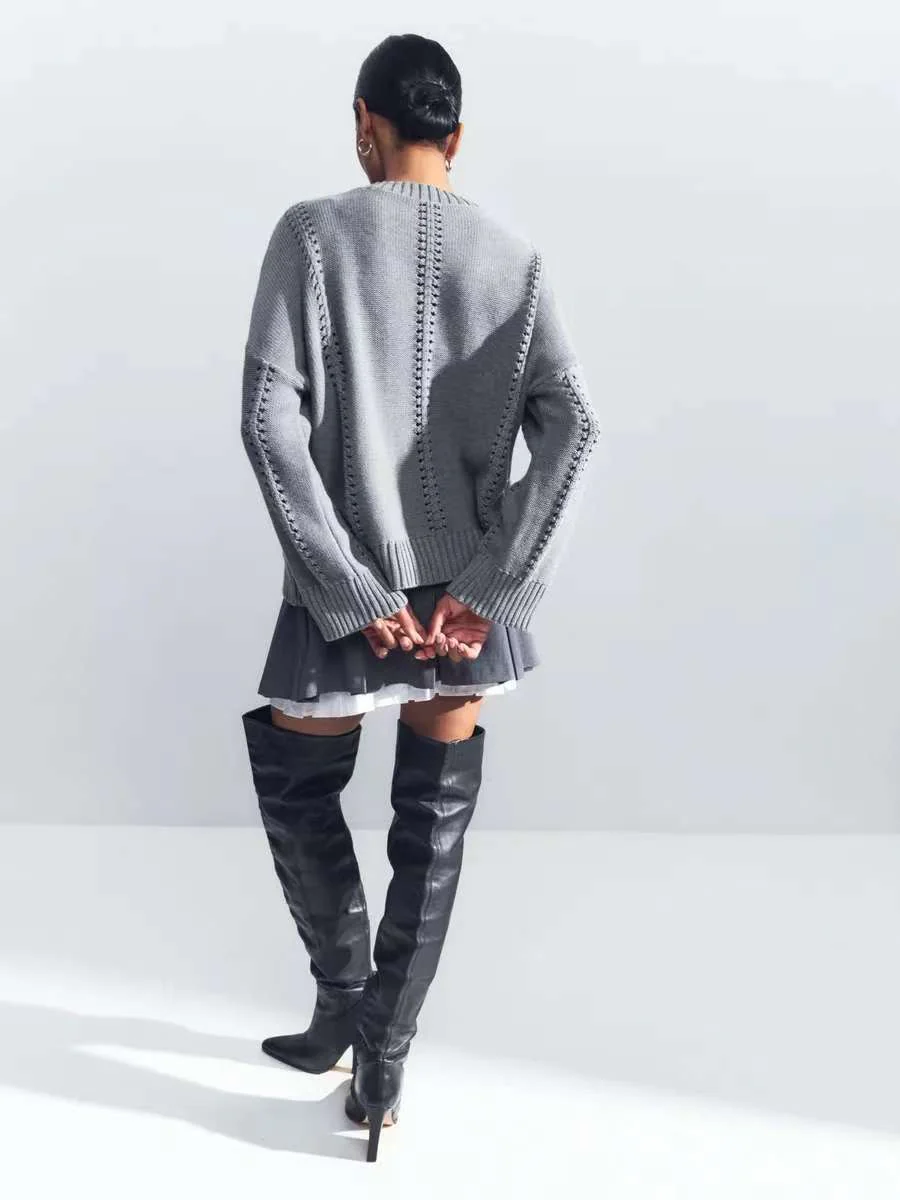Casual Hollow Knit Crewneck Sweater - Image 4