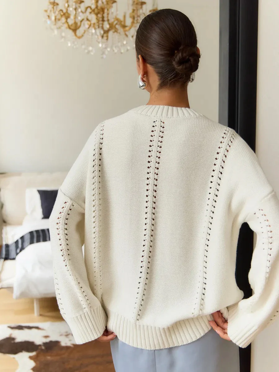 Casual Hollow Knit Crewneck Sweater - Image 7