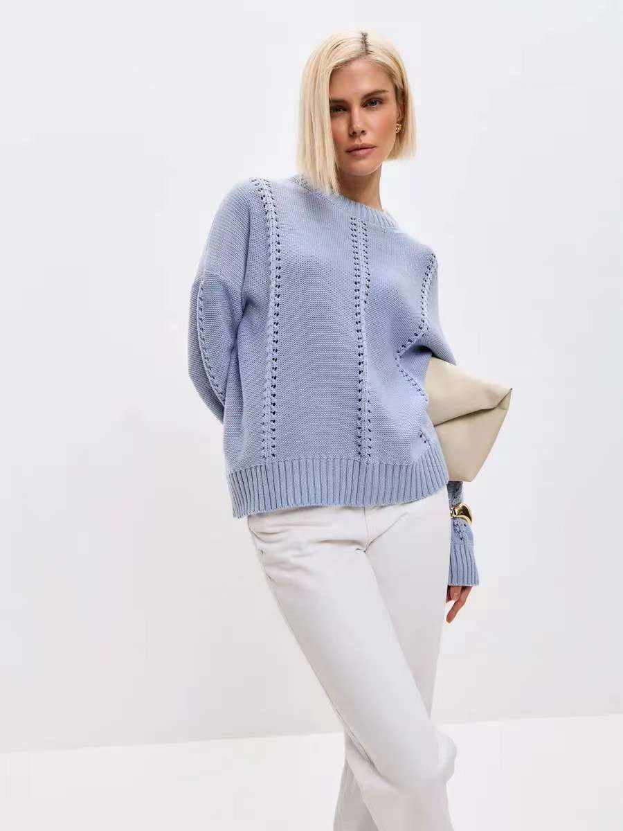 Casual Hollow Knit Crewneck Sweater - Image 8