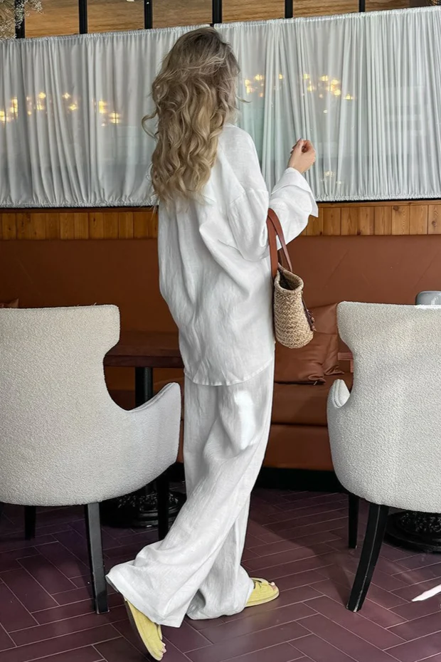 Casual Linen Shirt Straight Pants Two Piece Set - Image 6