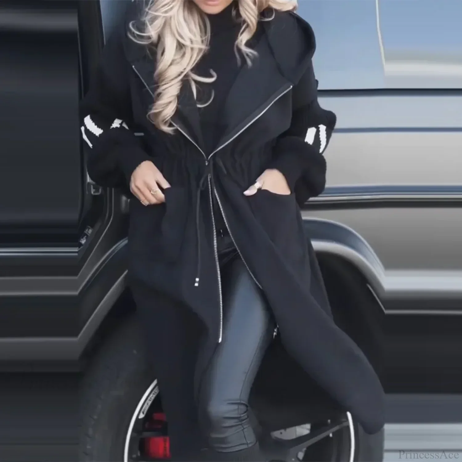 Casual Long Patchwork Lace-Up Overcoat - Image 5