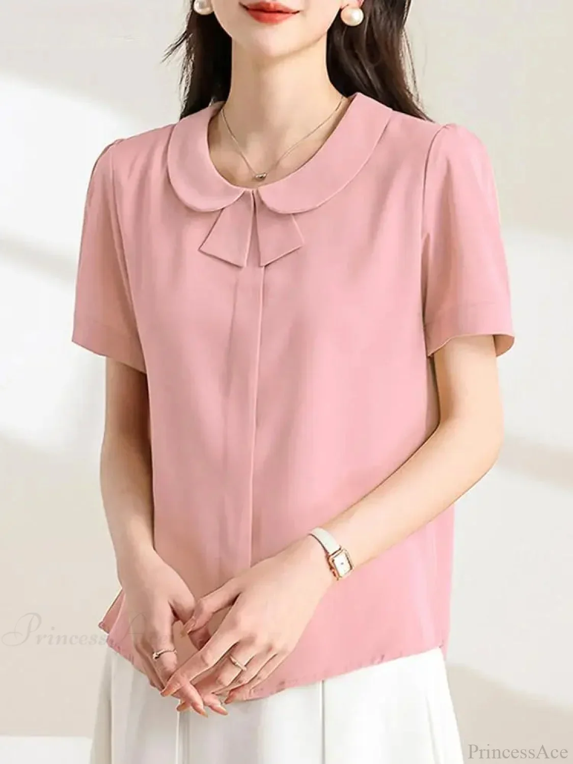 Casual Loose Lapel Solid Color Short Sleeve Blouse - Image 3