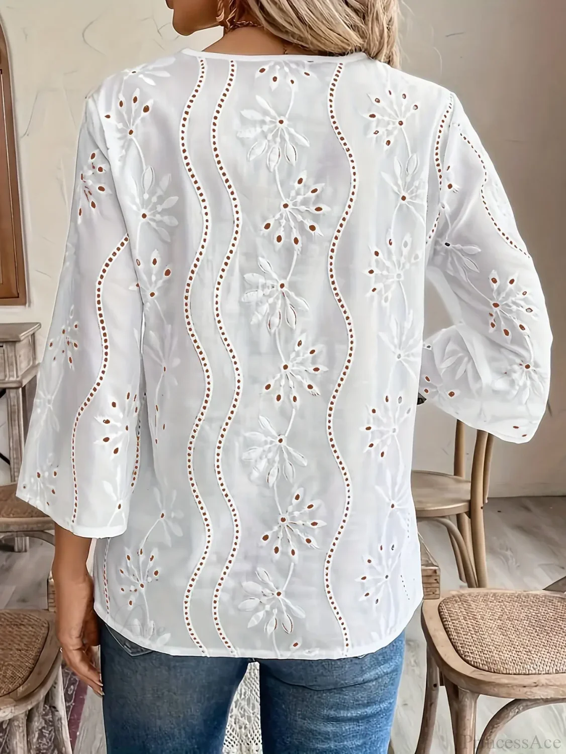 Casual Loose V-neck Lace Splicing White Blouse - Image 2
