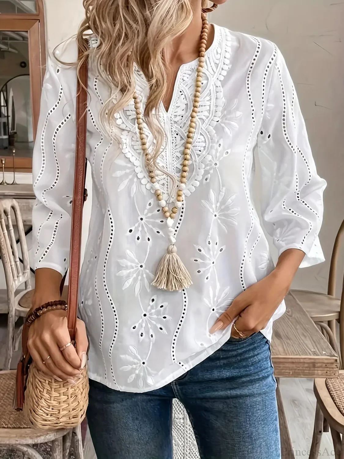 Casual Loose V-neck Lace Splicing White Blouse - Image 3