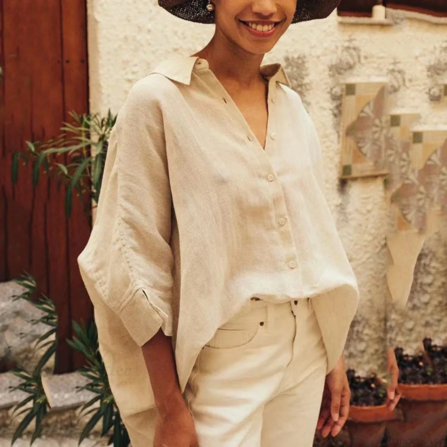 Casual Loose White Button-up Half Sleeve Blouse - Image 4