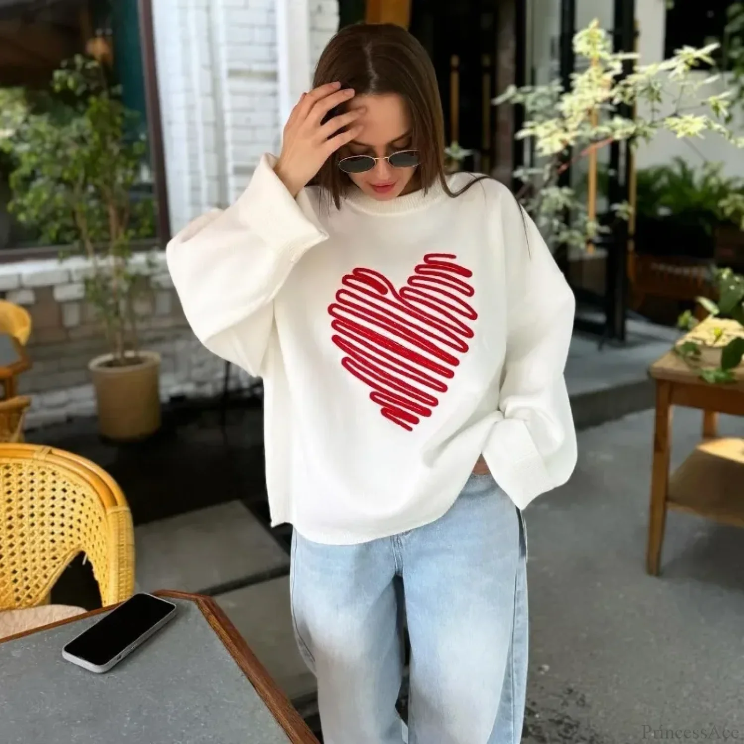 Casual Love Print O-neck Long Sleeve Sweater - Image 5