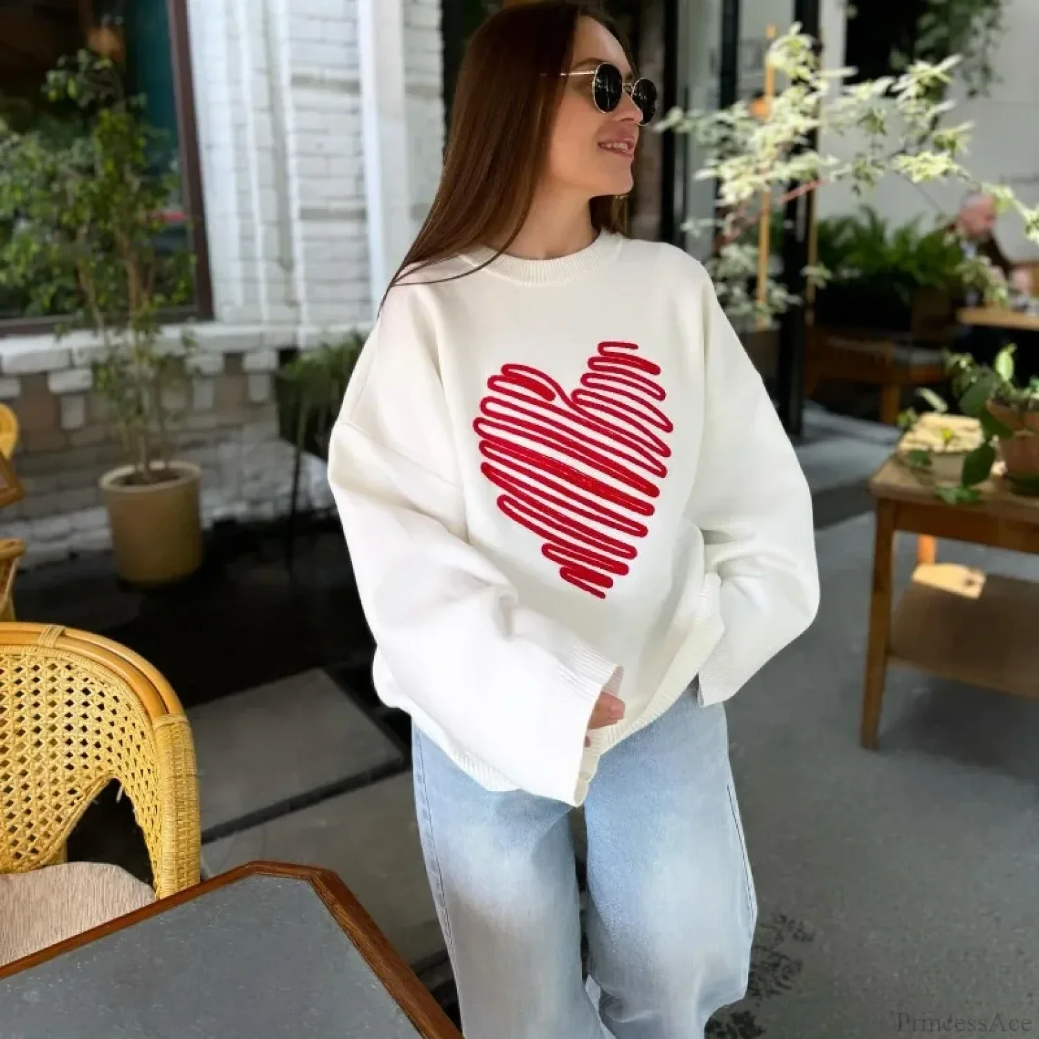 Casual Love Print O-neck Long Sleeve Sweater - Image 7