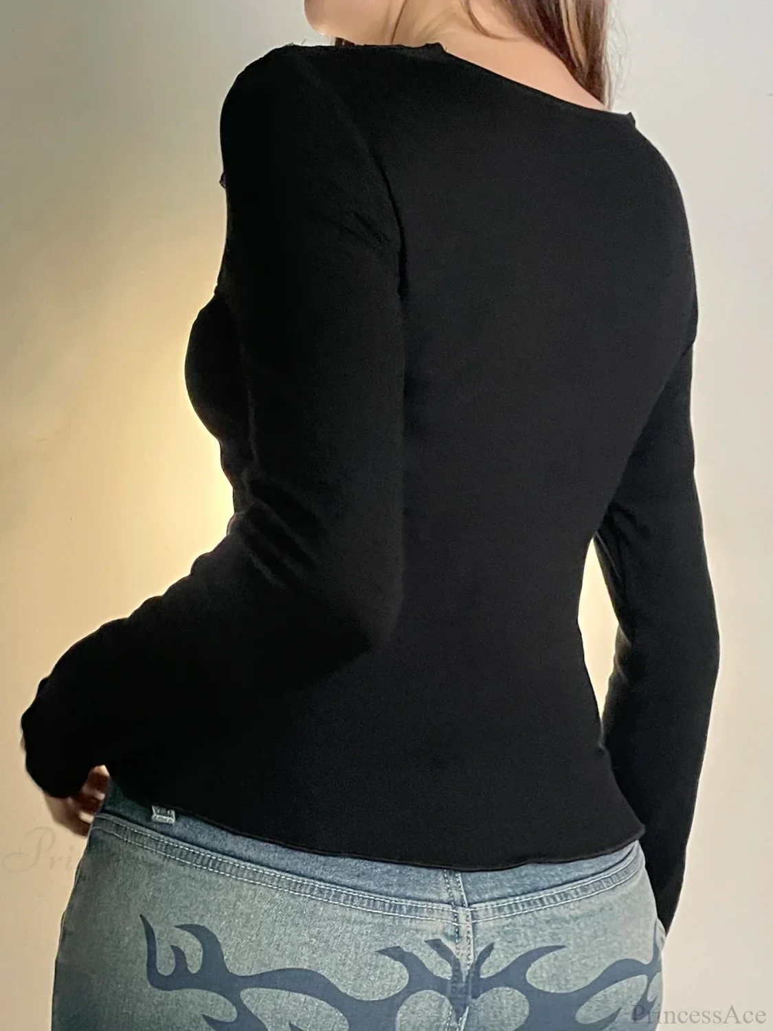 Casual Patchwork Lace Slim V-Neck Long Sleeve Knit Top - Image 2