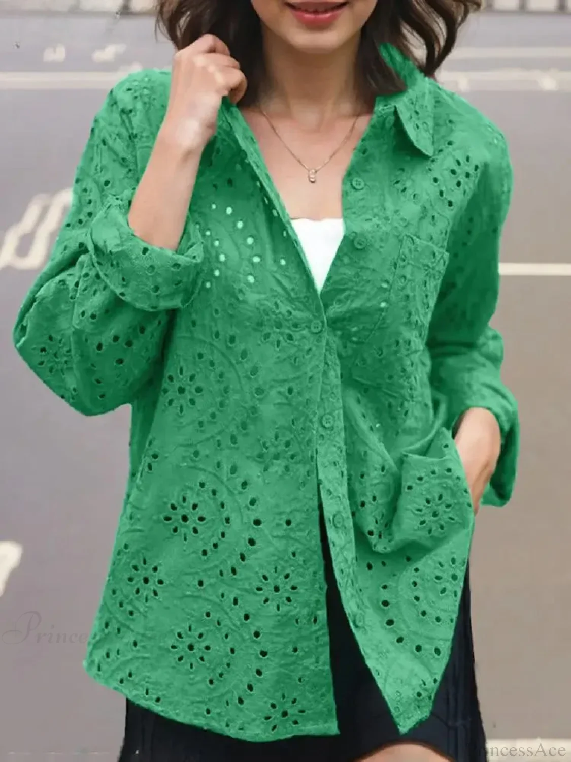 Casual Patchwork Turn-down Collar Embroidered Blouse - Image 2