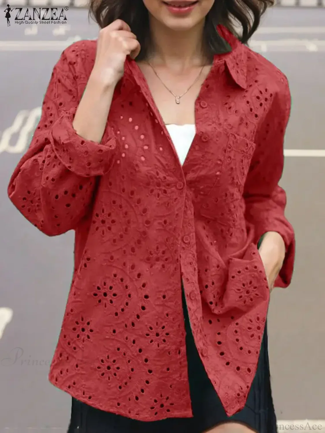 Casual Patchwork Turn-down Collar Embroidered Blouse - Image 4