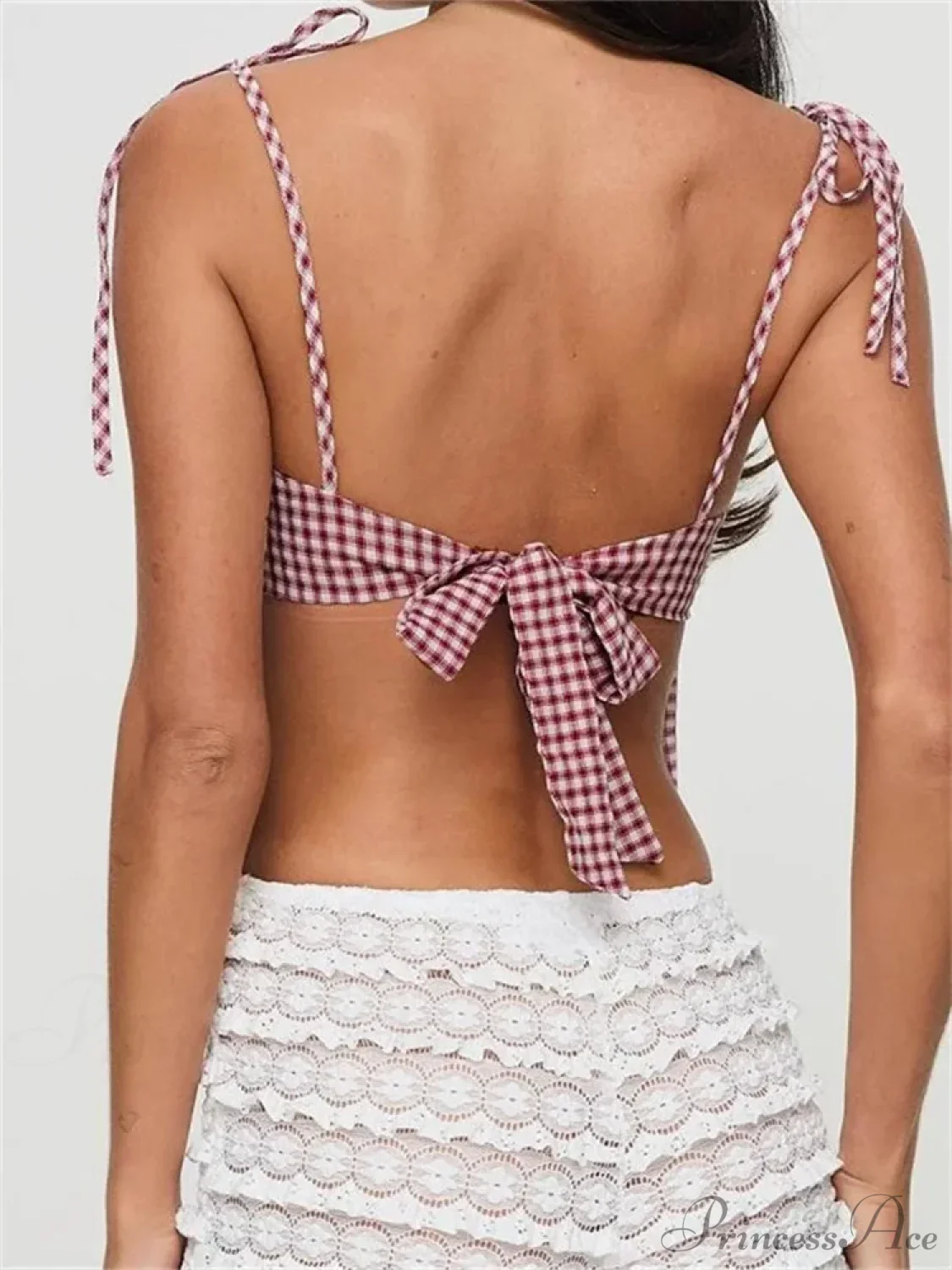 Casual Plaid Lace-up Backless Strap Tank Crop Top - Image 6