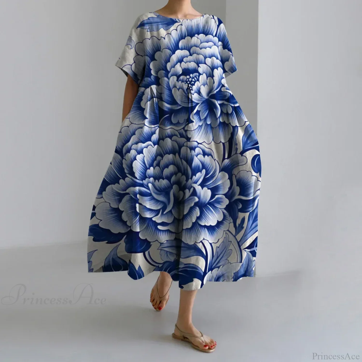 Casual Round Neck Floral Print Loose Long Summer Dress - Image 3