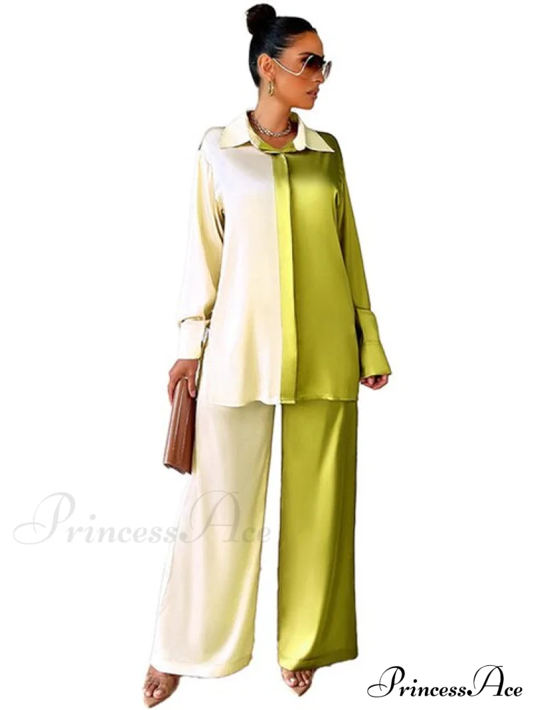 Casual - Set Elegant Women's Long and with Outfit Wide Solid Two Piece Arm Blouse Leg Loose Satin Pants - Image 13