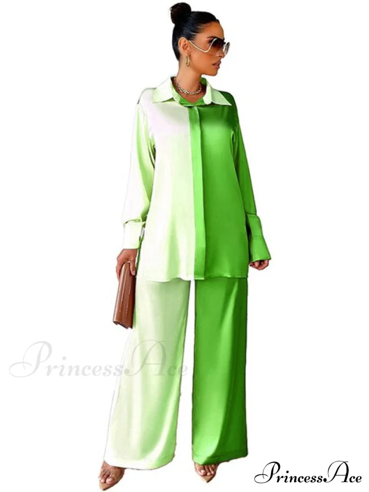 Casual - Set Elegant Women's Long and with Outfit Wide Solid Two Piece Arm Blouse Leg Loose Satin Pants - Image 6