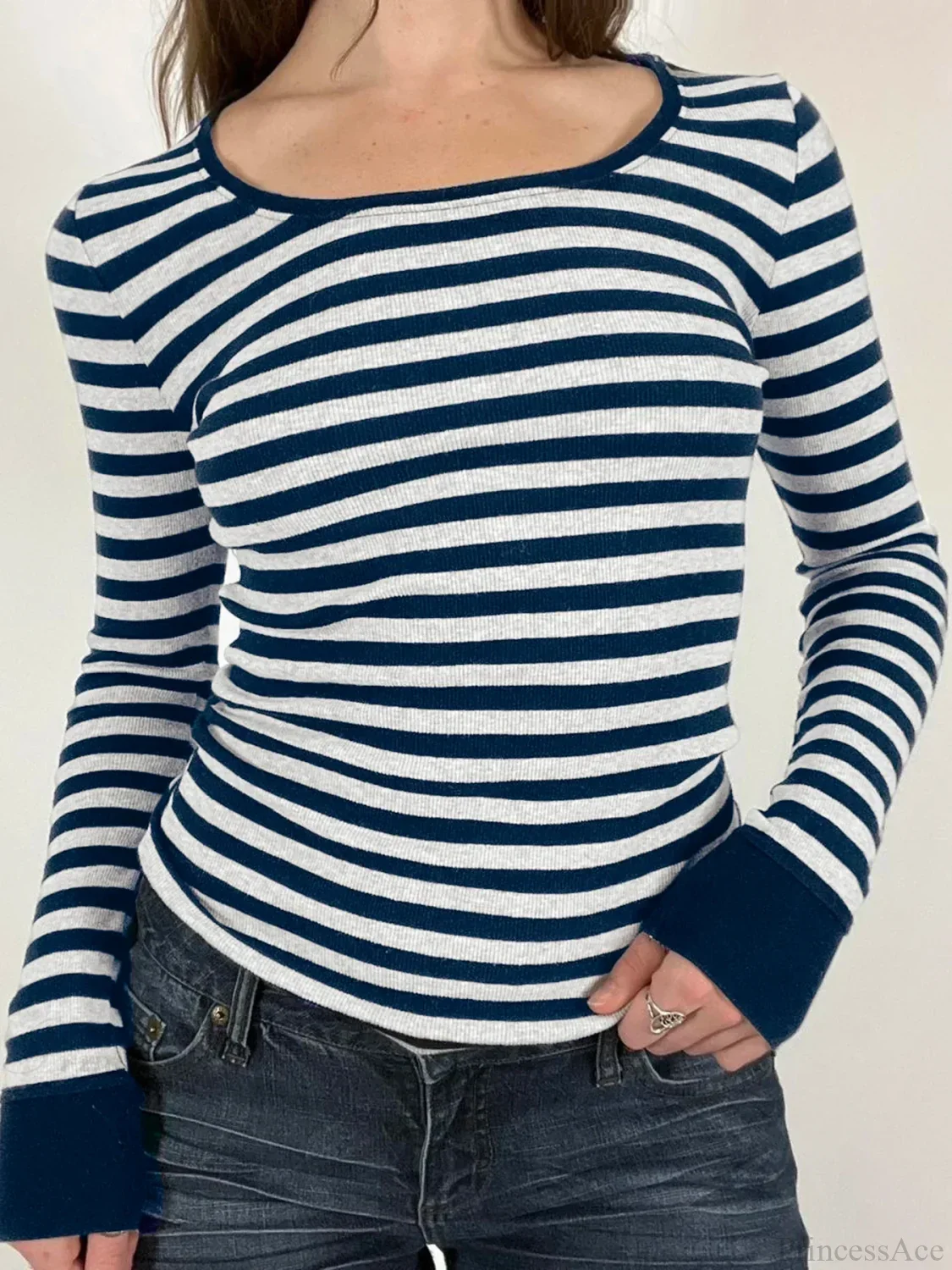 Casual Slim Striped Autumn Spring Basic O-Neck Knit Top - Image 3