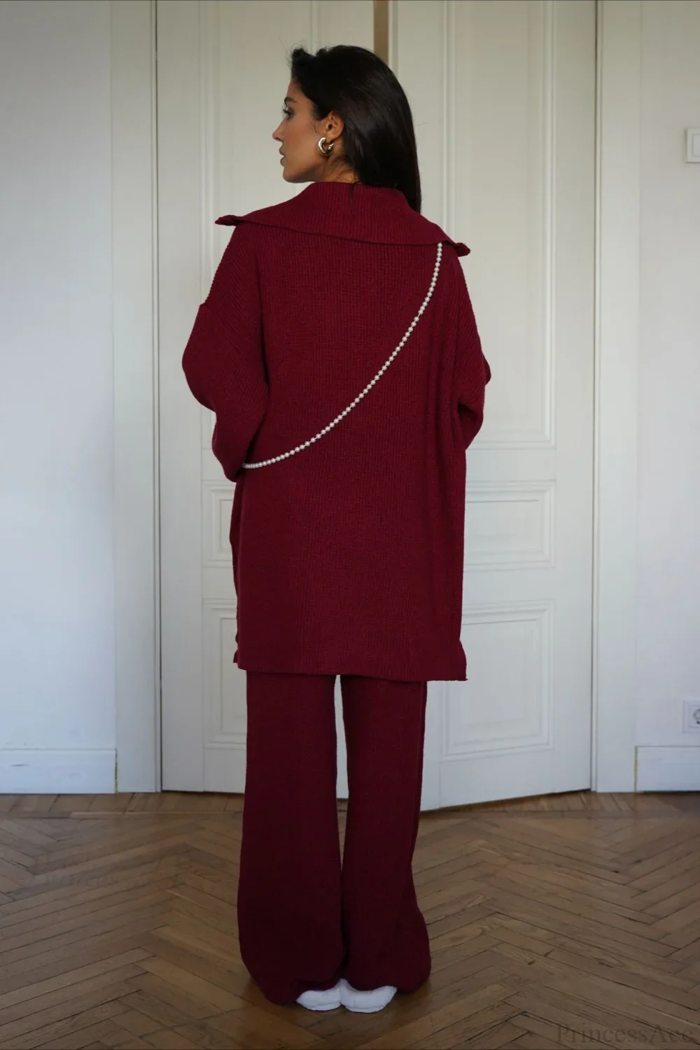 casual Solid Angora Red Half-Zip Knit Two Piece Set - Image 4