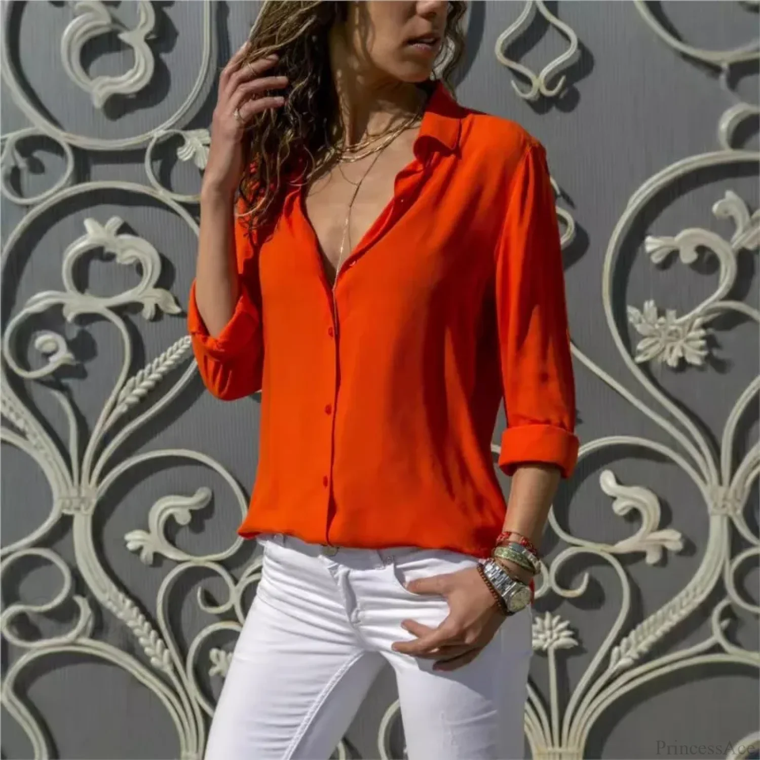 Casual Solid Color Long Sleeve Button Blouse - Image 5