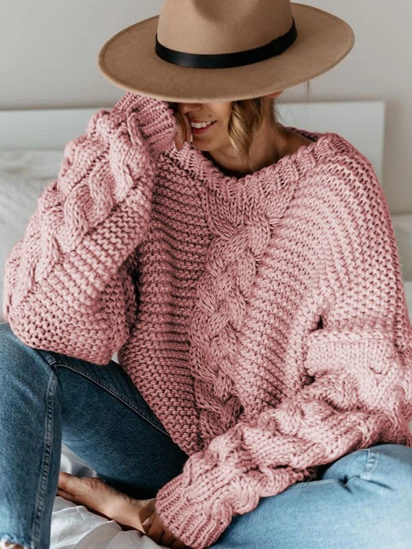 Casual Solid Color V-neck Cable Knit Sweater - Image 4