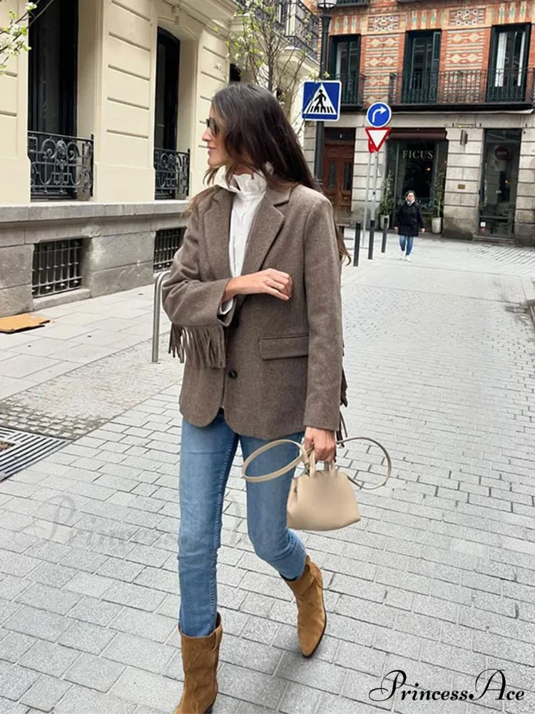 Casual Tassels Patchwork Long Sleeves Lapel Single Breasted Buckle Slim Stylish Coat - Image 4
