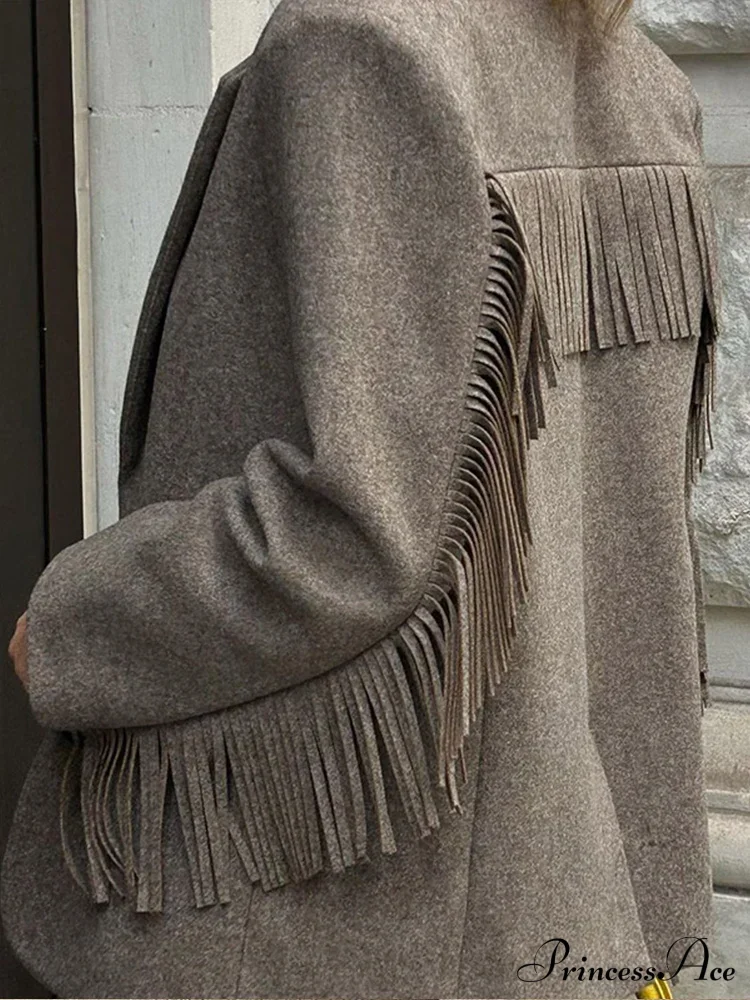 Casual Tassels Patchwork Long Sleeves Lapel Single Breasted Buckle Slim Stylish Coat - Image 5