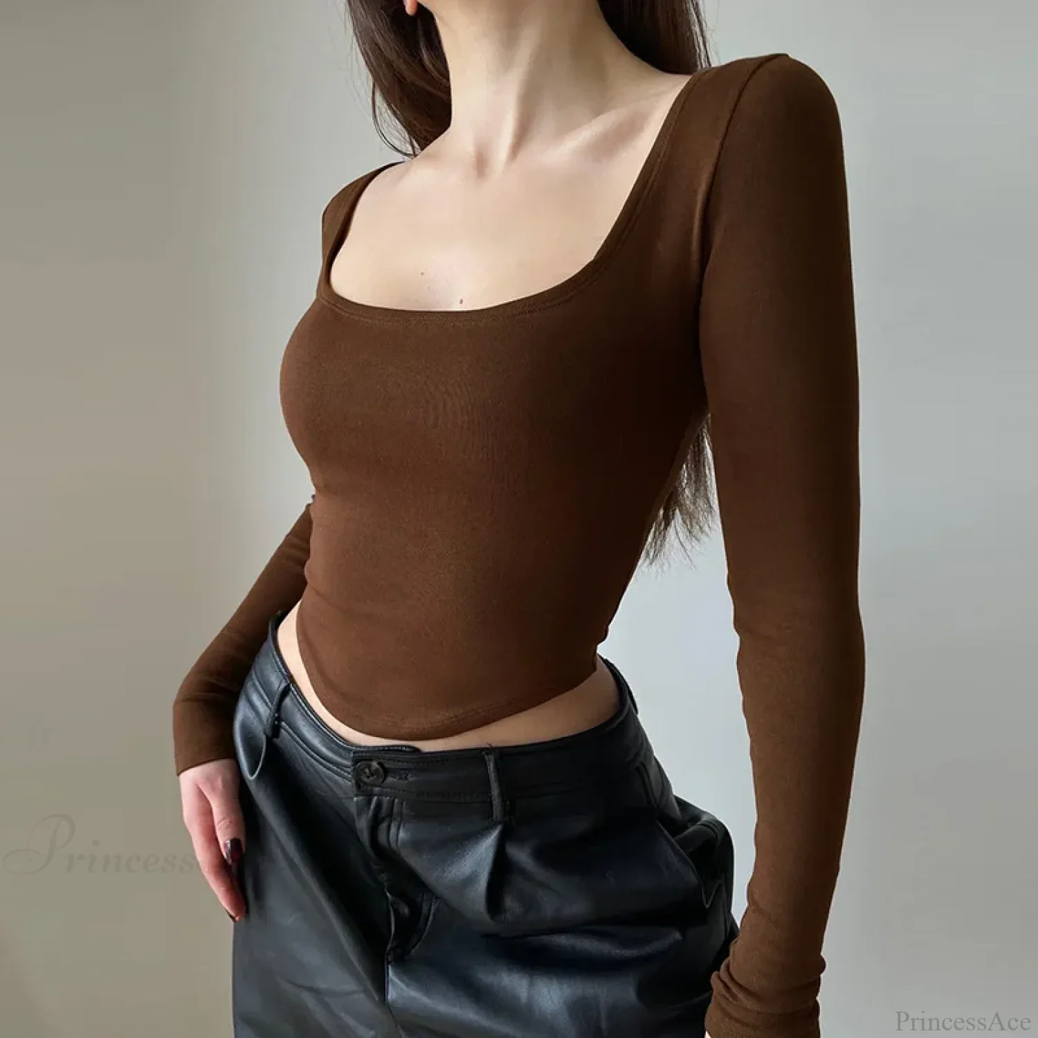 Casual U-neck Sexy Crop Short Long Sleeve Knit Top - Image 4