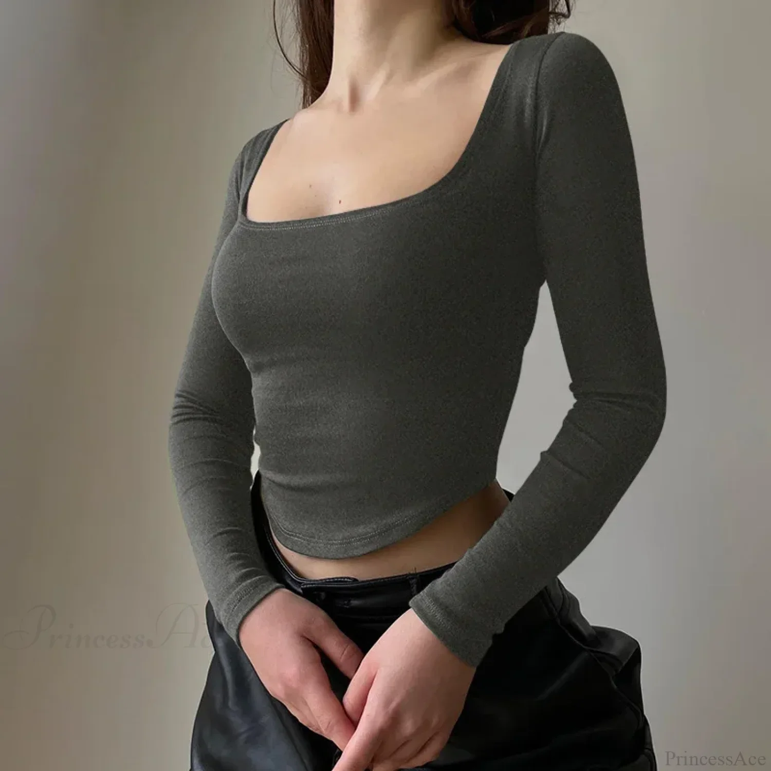 Casual U-neck Sexy Crop Short Long Sleeve Knit Top - Image 5