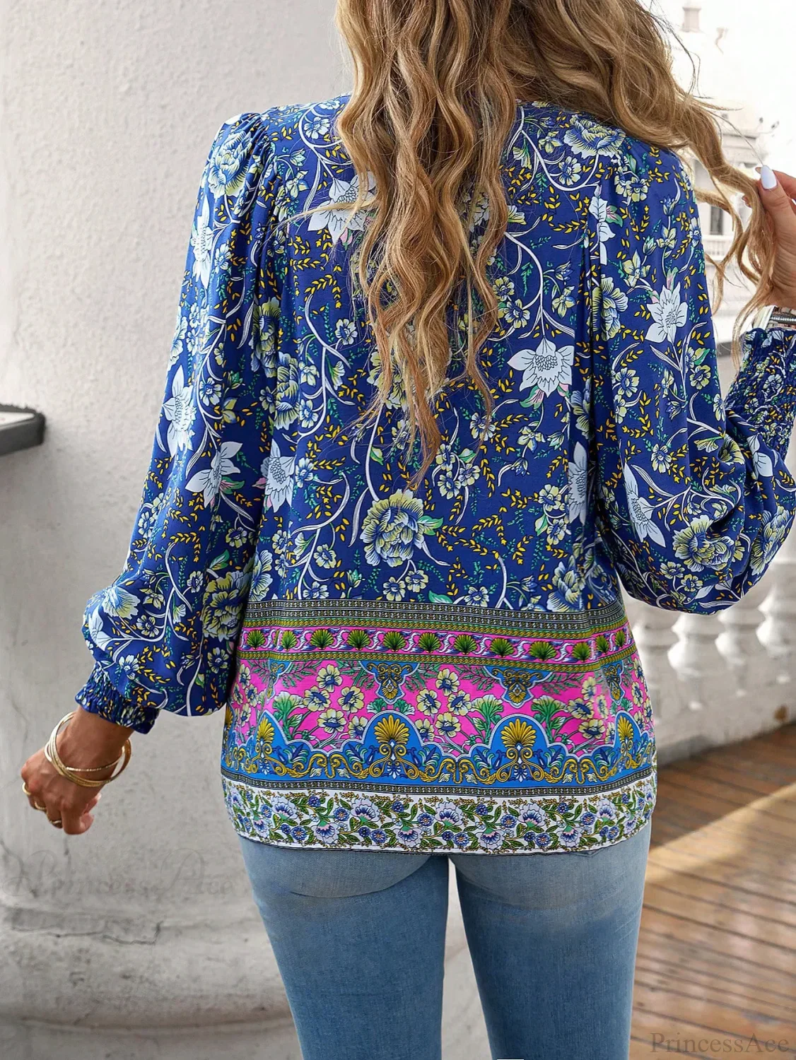 Casual V-Neck Floral Print Long Sleeve Boho Blouse - Image 3
